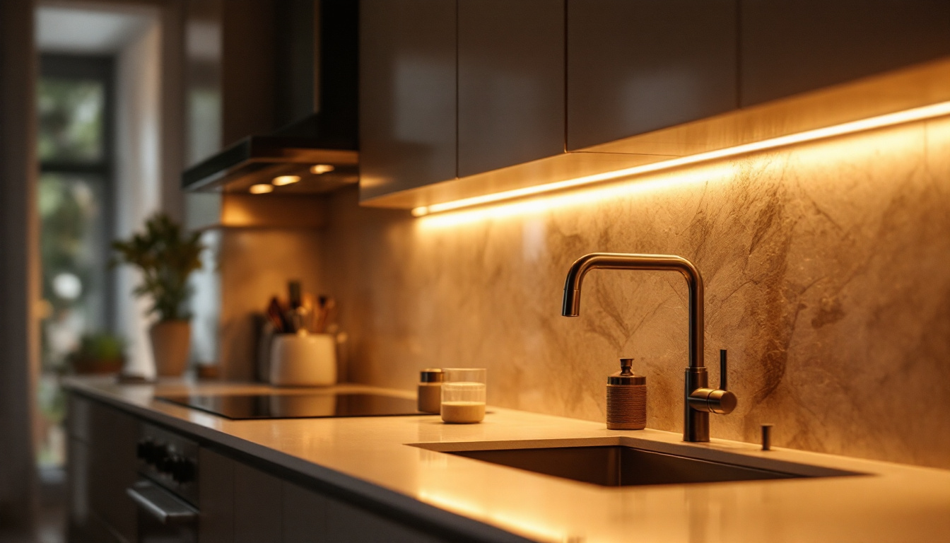 A photograph of a beautifully illuminated kitchen featuring led strip lights installed under the cabinets