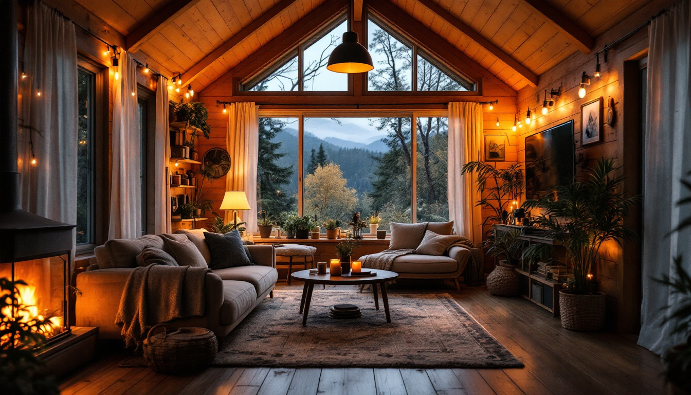 A photograph of a cozy cabin interior illuminated by a warm