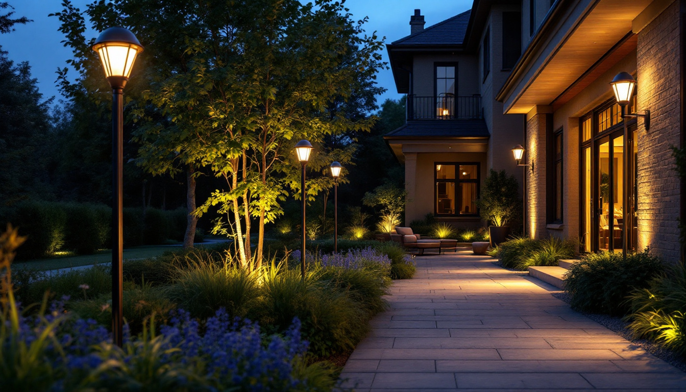 A photograph of a beautifully lit outdoor space showcasing various styles of flood lights in action
