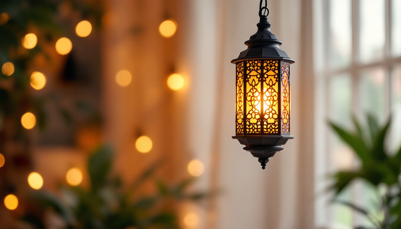 A photograph of a beautifully designed hanging pendant lantern illuminated in a cozy