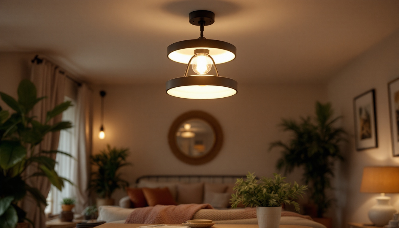 A photograph of a stylish ceiling mount light fixture in a well-decorated room