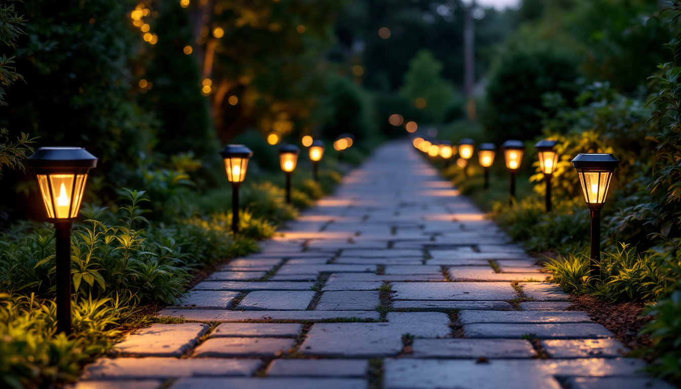A photograph of a beautifully illuminated pathway lined with various styles of solar path lights