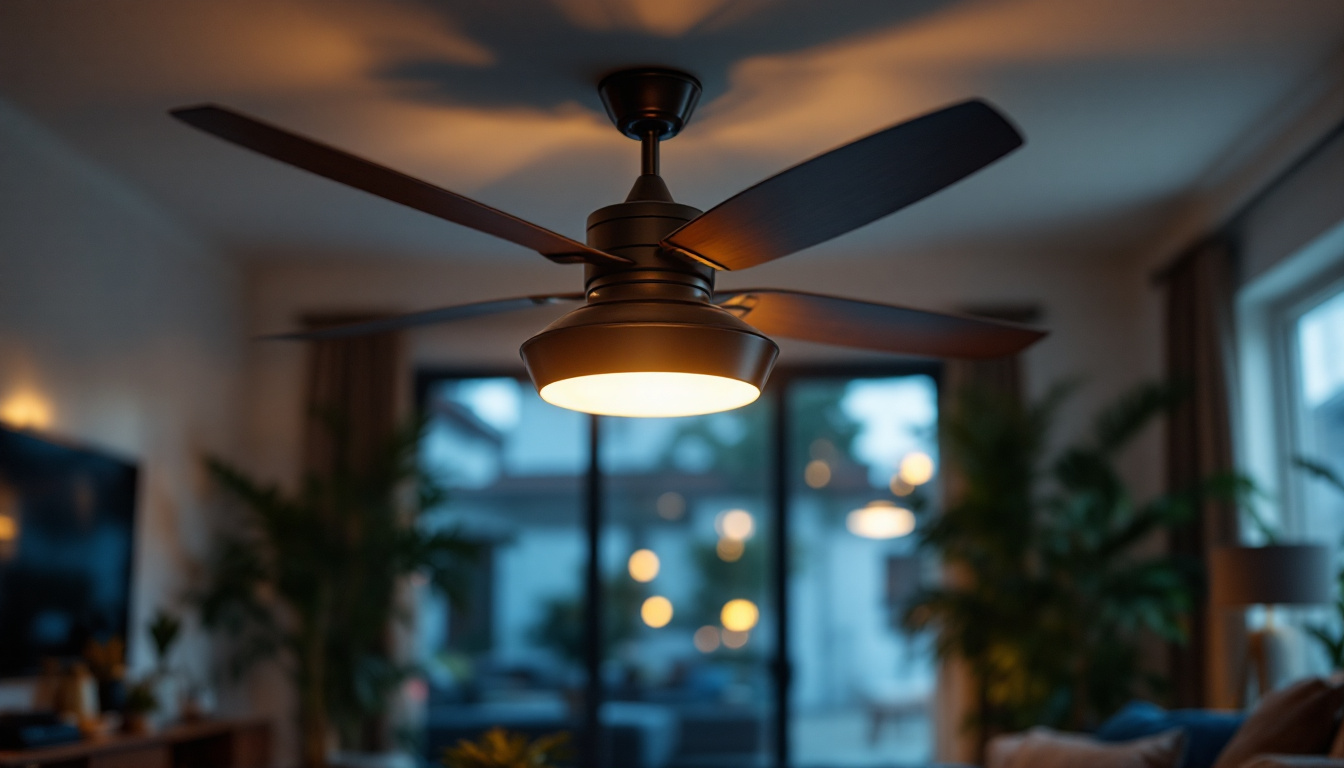 A photograph of a beautifully designed hunter ceiling fan with integrated lighting