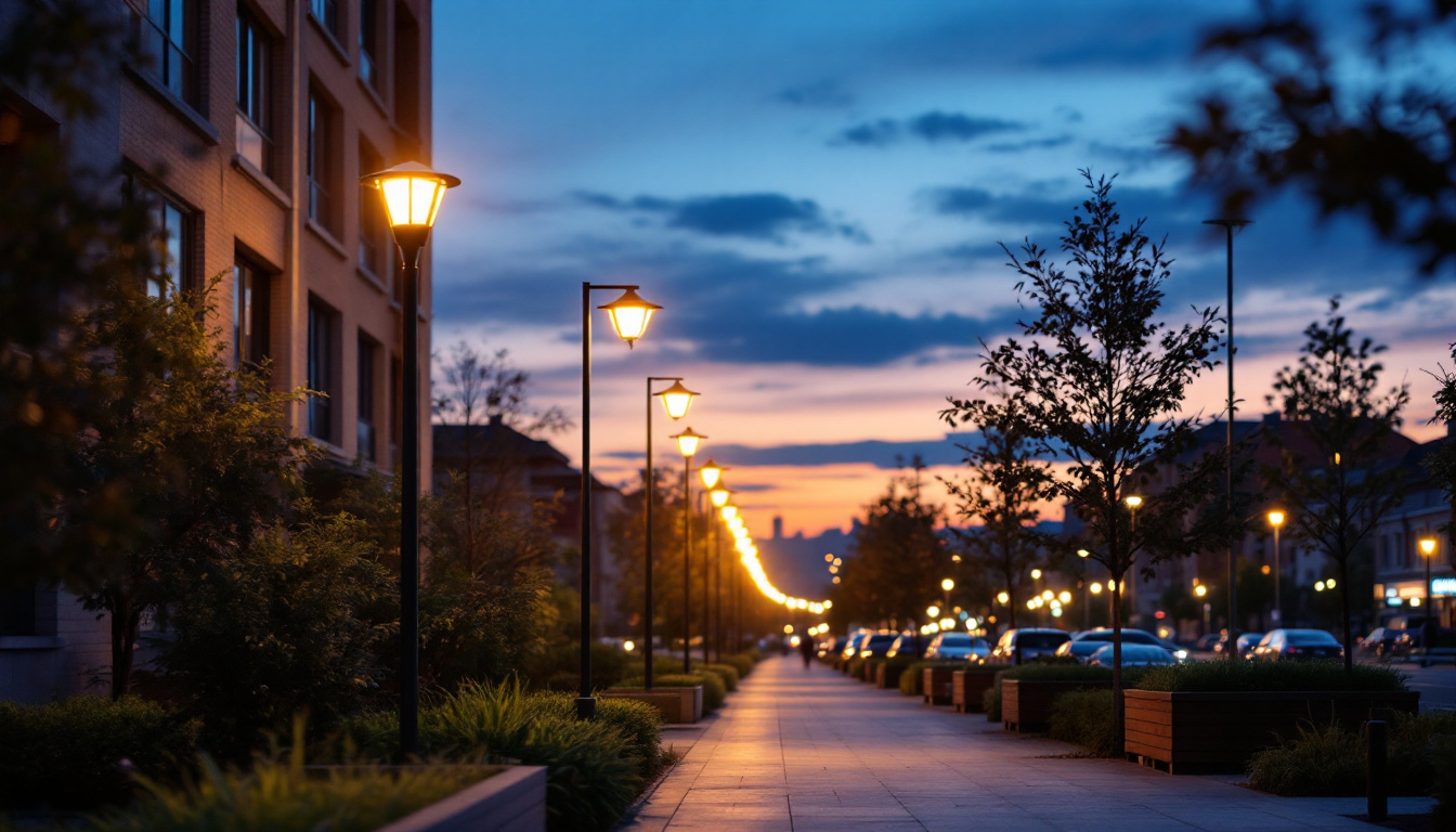 A photograph of a well-lit urban street scene at dusk
