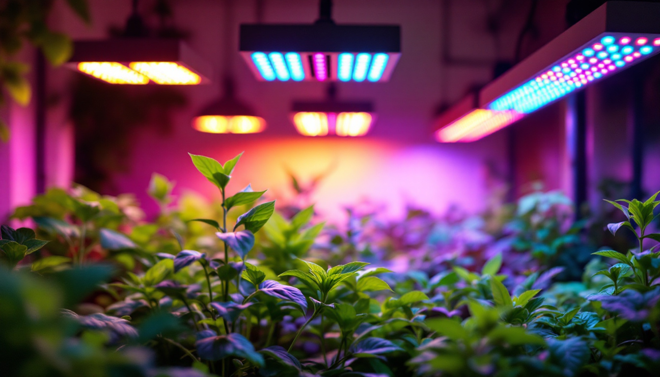 A photograph of a vibrant indoor garden illuminated by various grow led lights