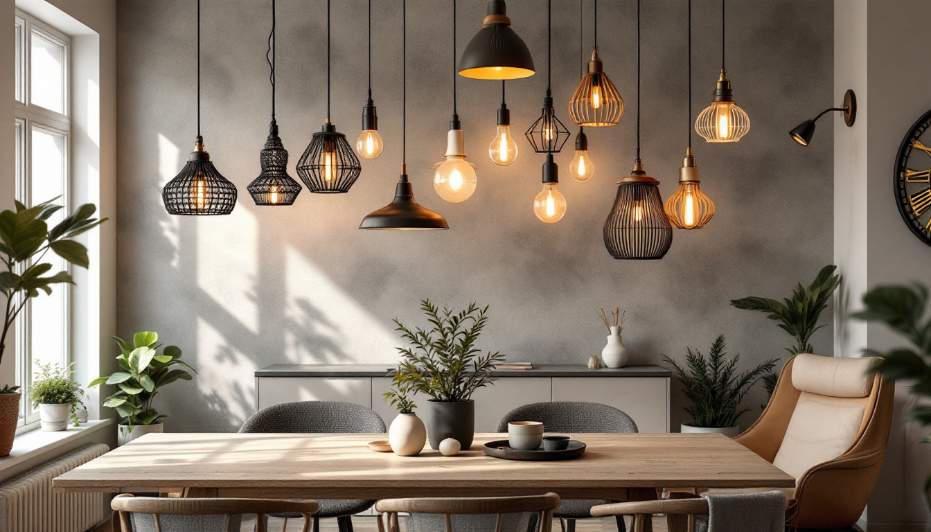 A photograph of a beautifully styled room featuring a variety of pendant lights in different designs and settings