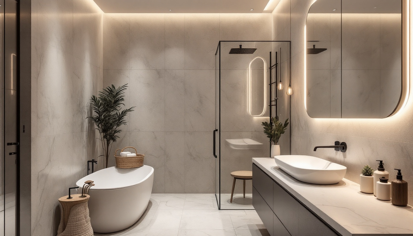 A photograph of a modern bathroom featuring stylish led lighting fixtures that highlight the space's design elements