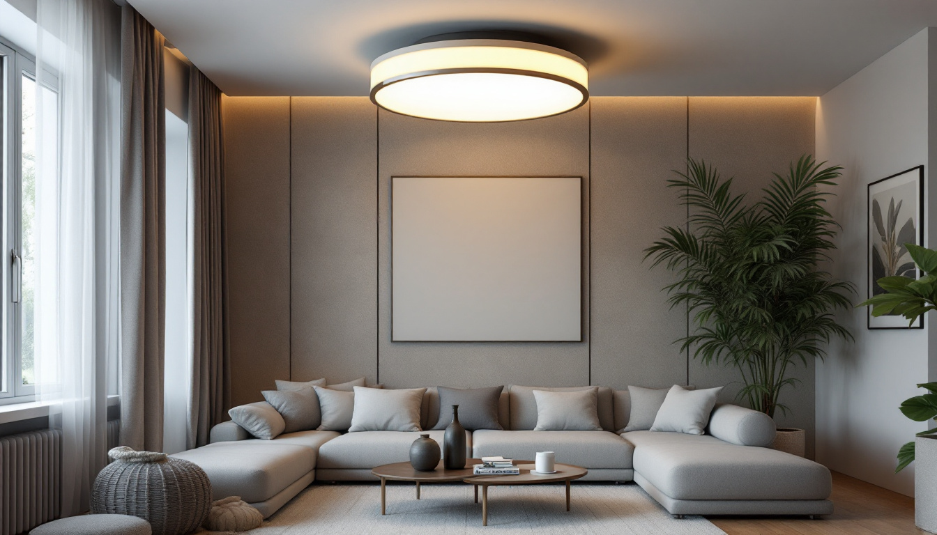 A photograph of a stylish modern flush mount light fixture installed in a contemporary living space
