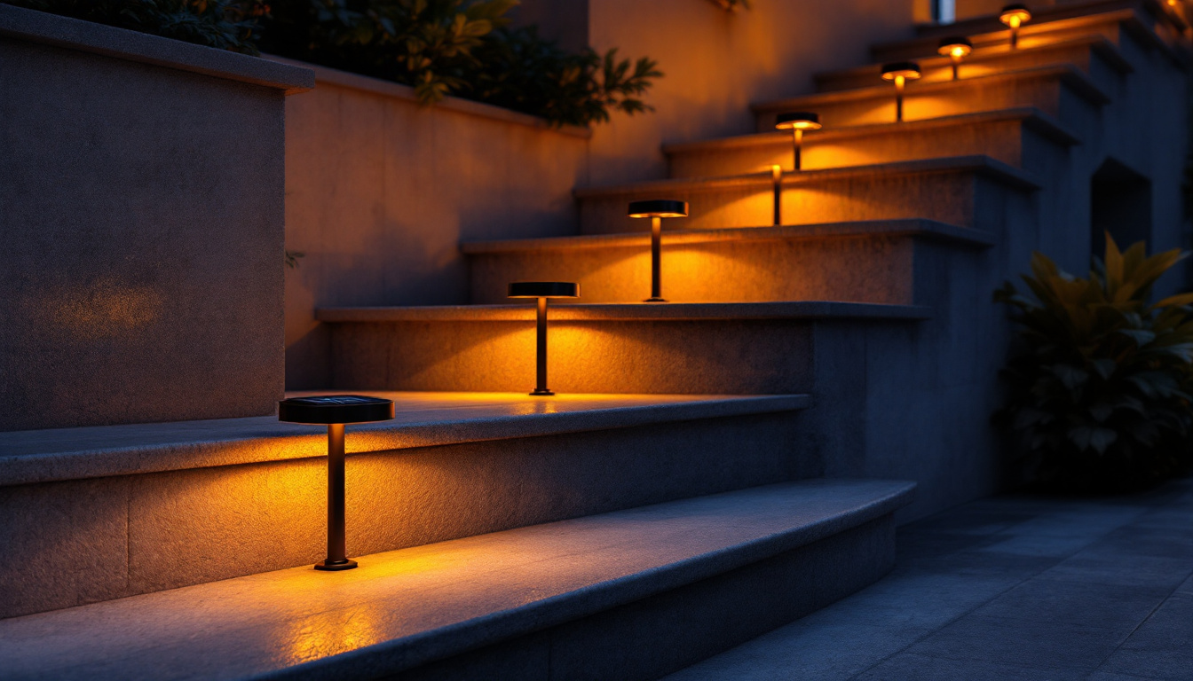 A photograph of a beautifully illuminated outdoor staircase featuring solar-powered lights