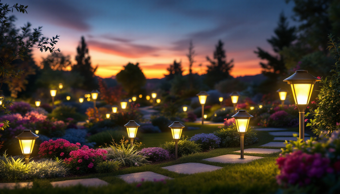 A photograph of a beautifully illuminated garden scene at dusk