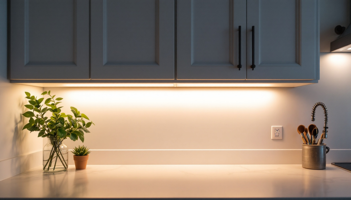 A photograph of a stylish kitchen with under-cabinet lighting illuminating the countertop