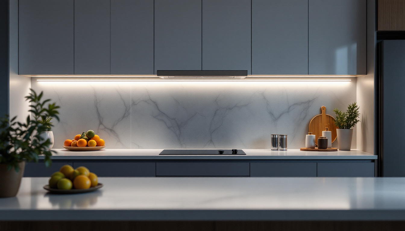 A photograph of a modern kitchen featuring sleek under-cabinet strip lighting that illuminates the countertop