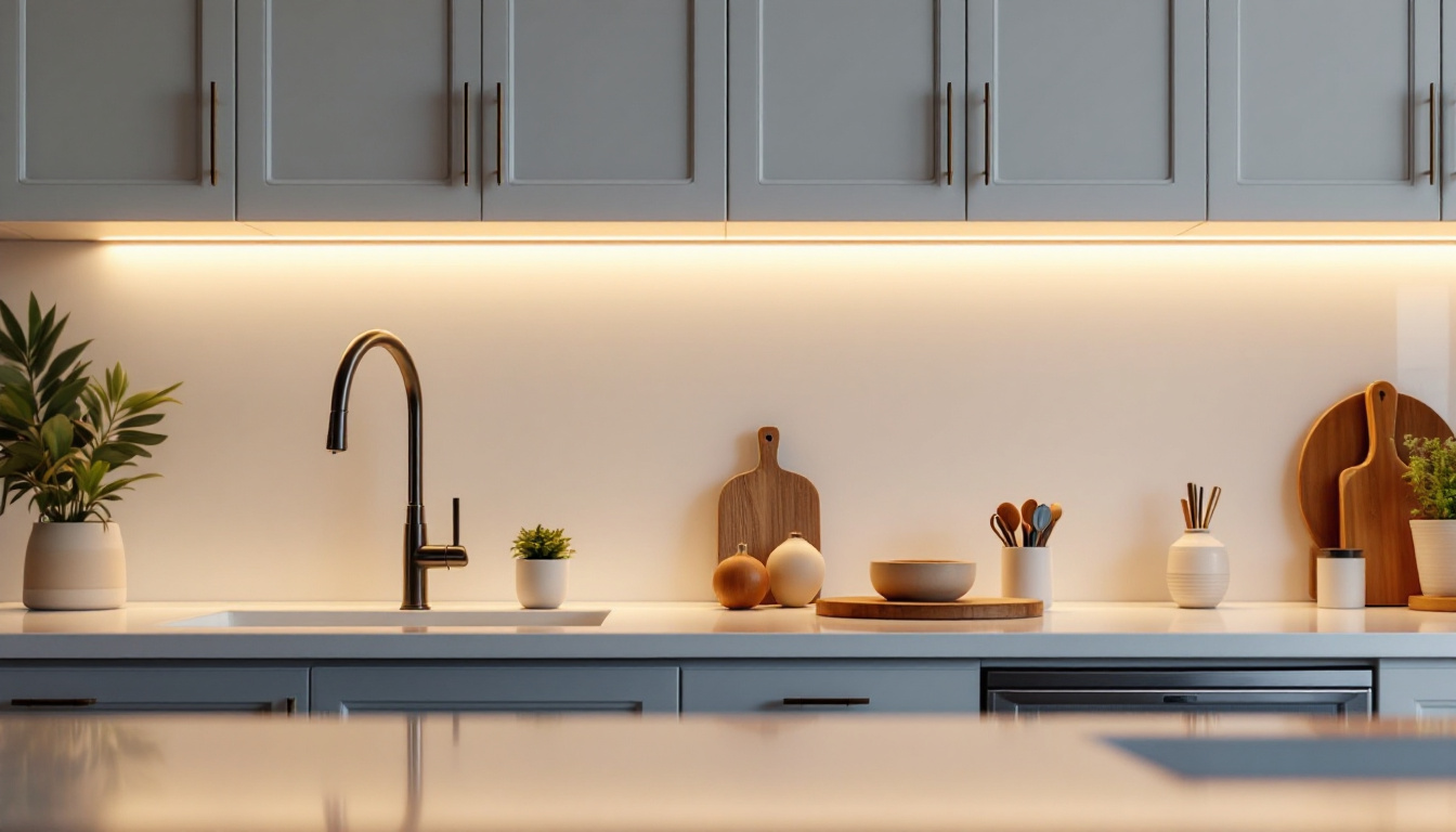 A photograph of a beautifully illuminated kitchen scene featuring under-cabinet lighting that highlights the countertops and backsplash