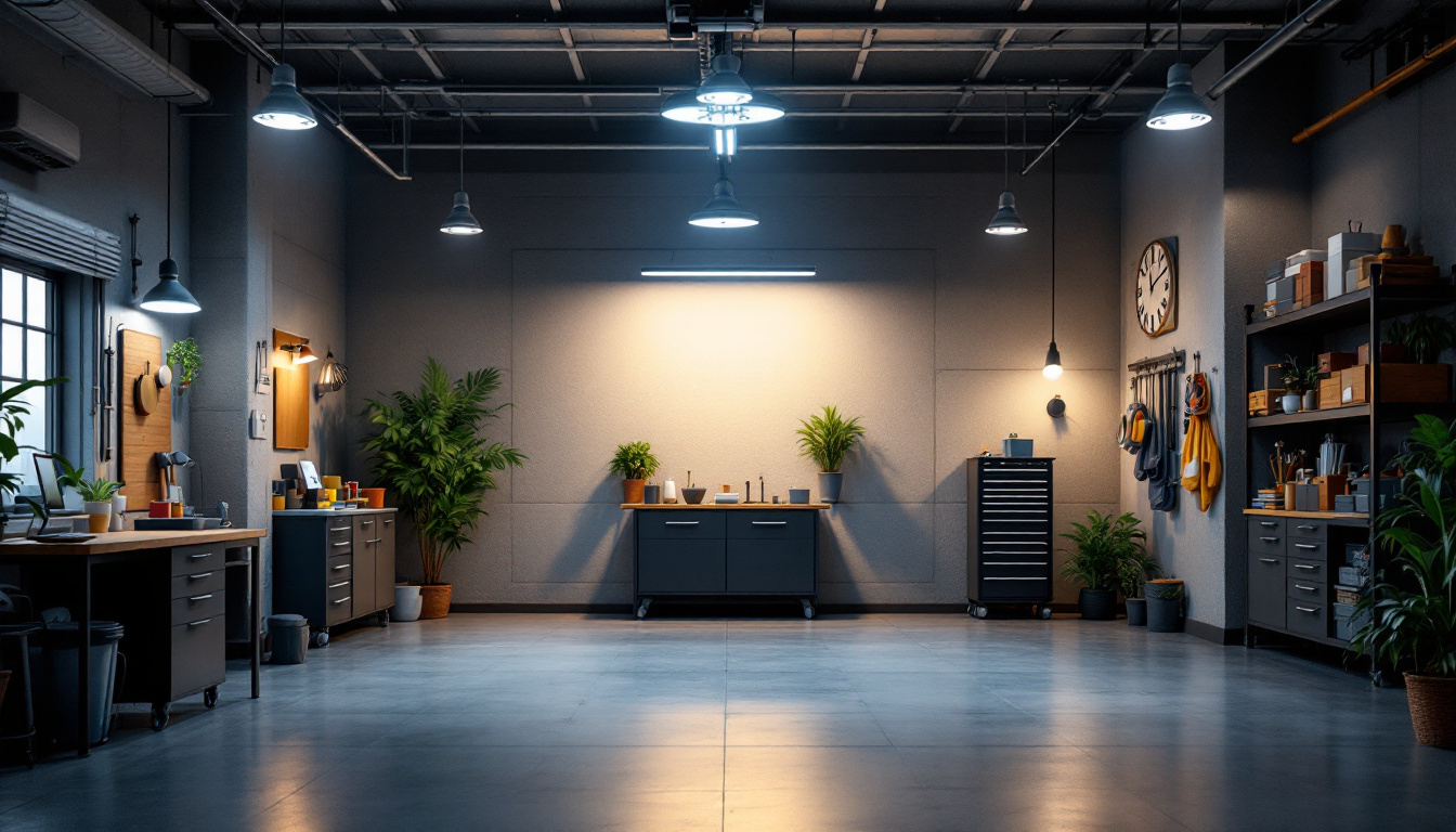 A photograph of a well-lit garage showcasing various types of lighting fixtures