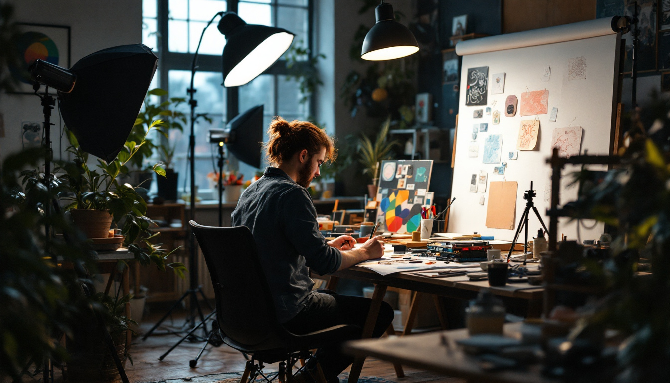 A photograph of a well-lit artist's studio