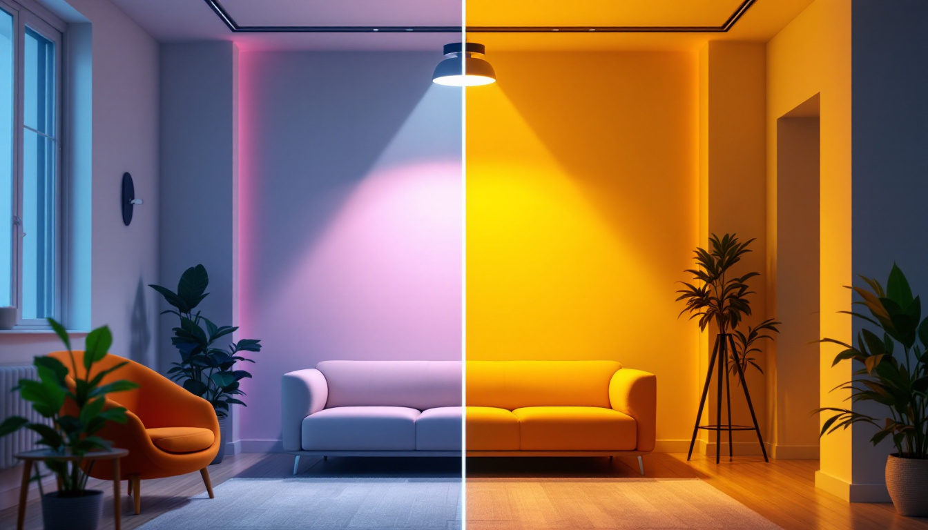 A photograph of a side-by-side comparison of led lights and fluorescent lights in a well-lit room