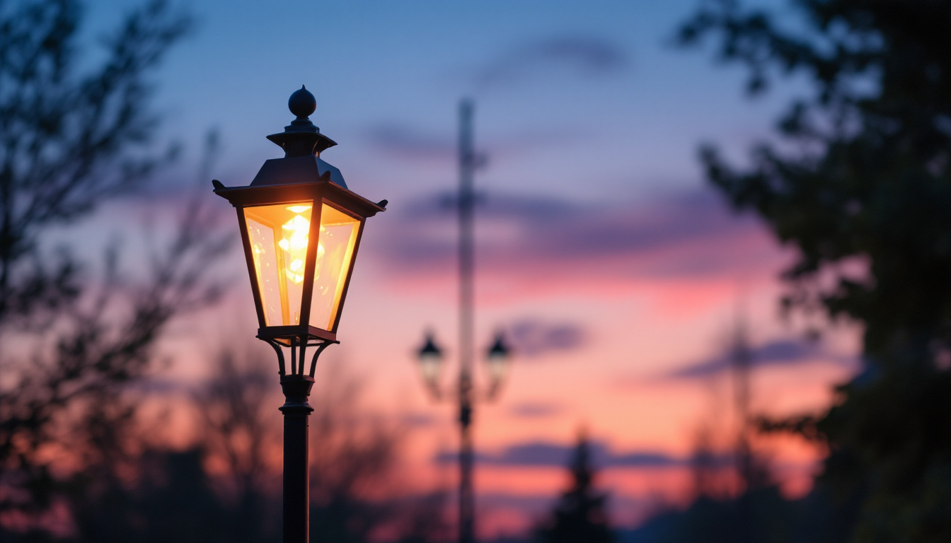 A photograph of a beautifully illuminated lamp street light at dusk