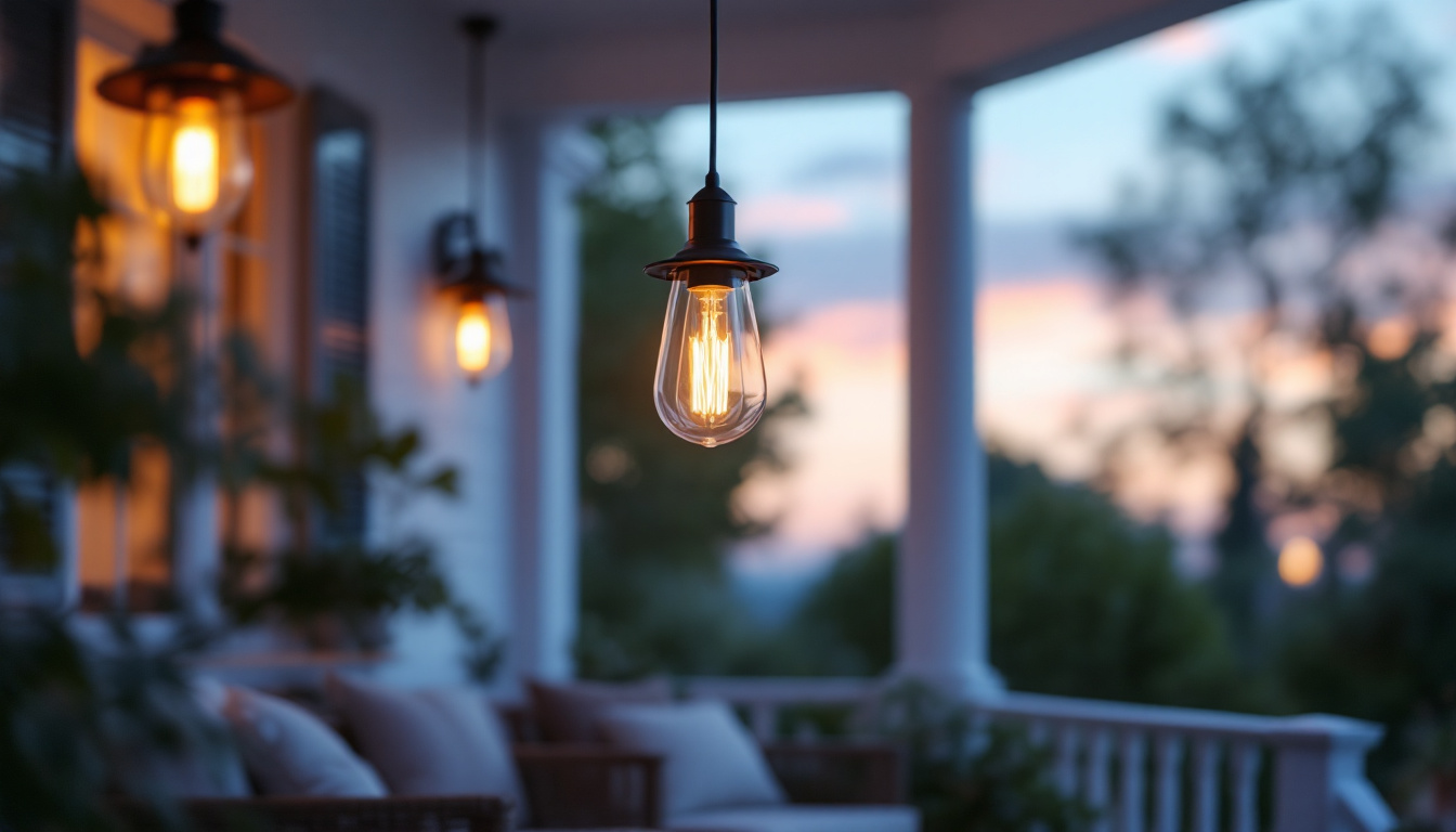 A photograph of a beautifully styled front porch featuring an elegant hanging light fixture