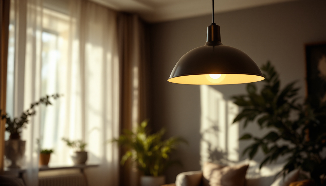 A photograph of a stylish ceiling-mounted lamp illuminating a cozy interior space