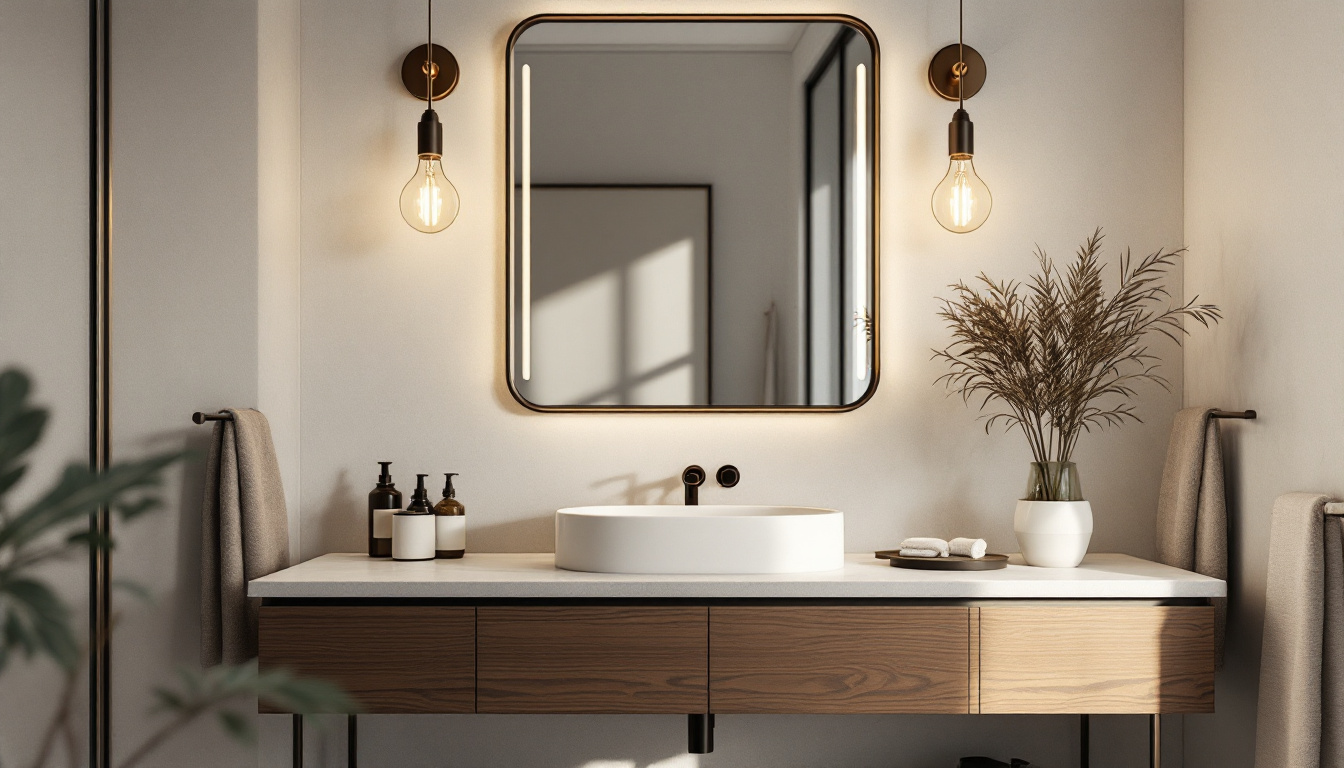 A photograph of a stylish bathroom vanity featuring a well-lit mirror with elegant bulbs