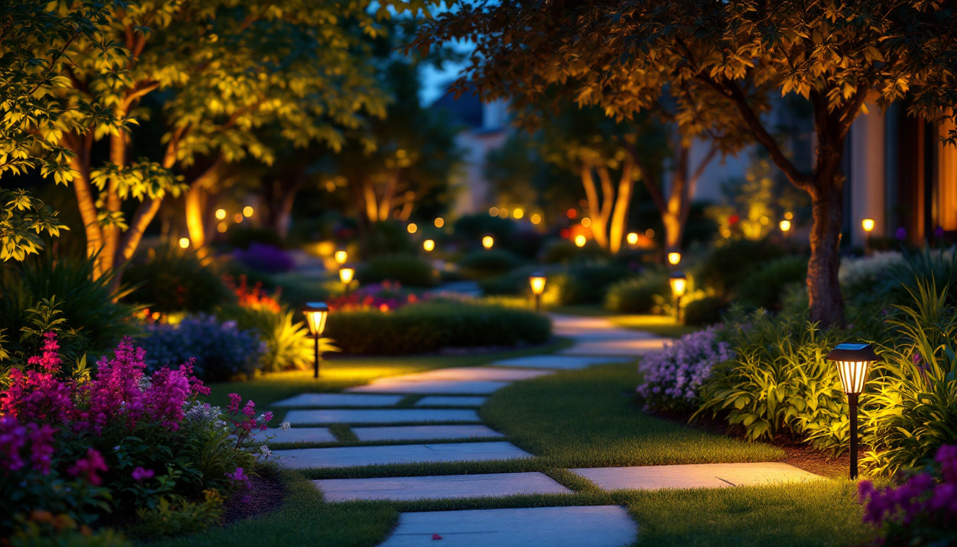 A photograph of a beautifully lit garden at dusk