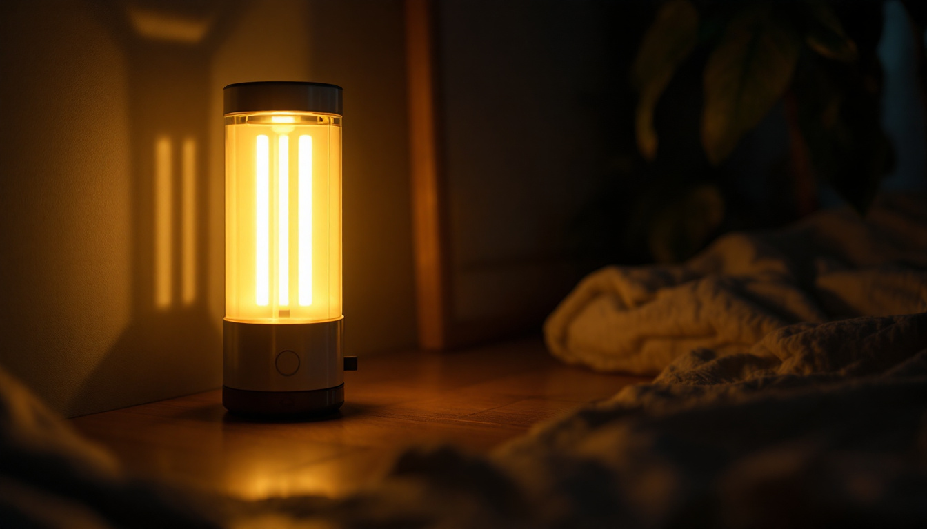 A photograph of capture a photograph of a glowing battery emergency lamp illuminating a dimly lit room