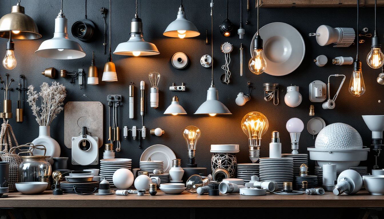 A photograph of a well-organized display of various lighting fixture parts