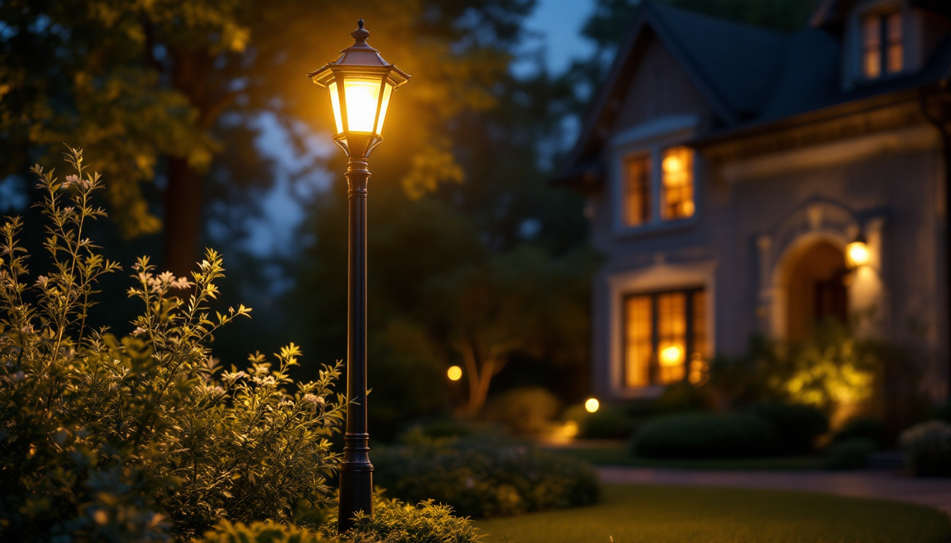 A photograph of a beautifully illuminated front yard light post at dusk
