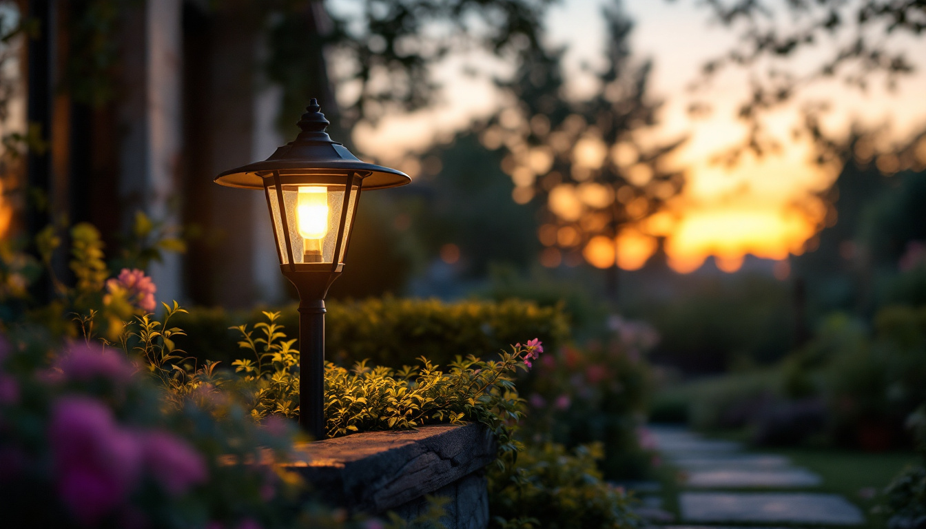 A photograph of a beautifully designed outdoor yard lamp illuminating a cozy garden setting during twilight