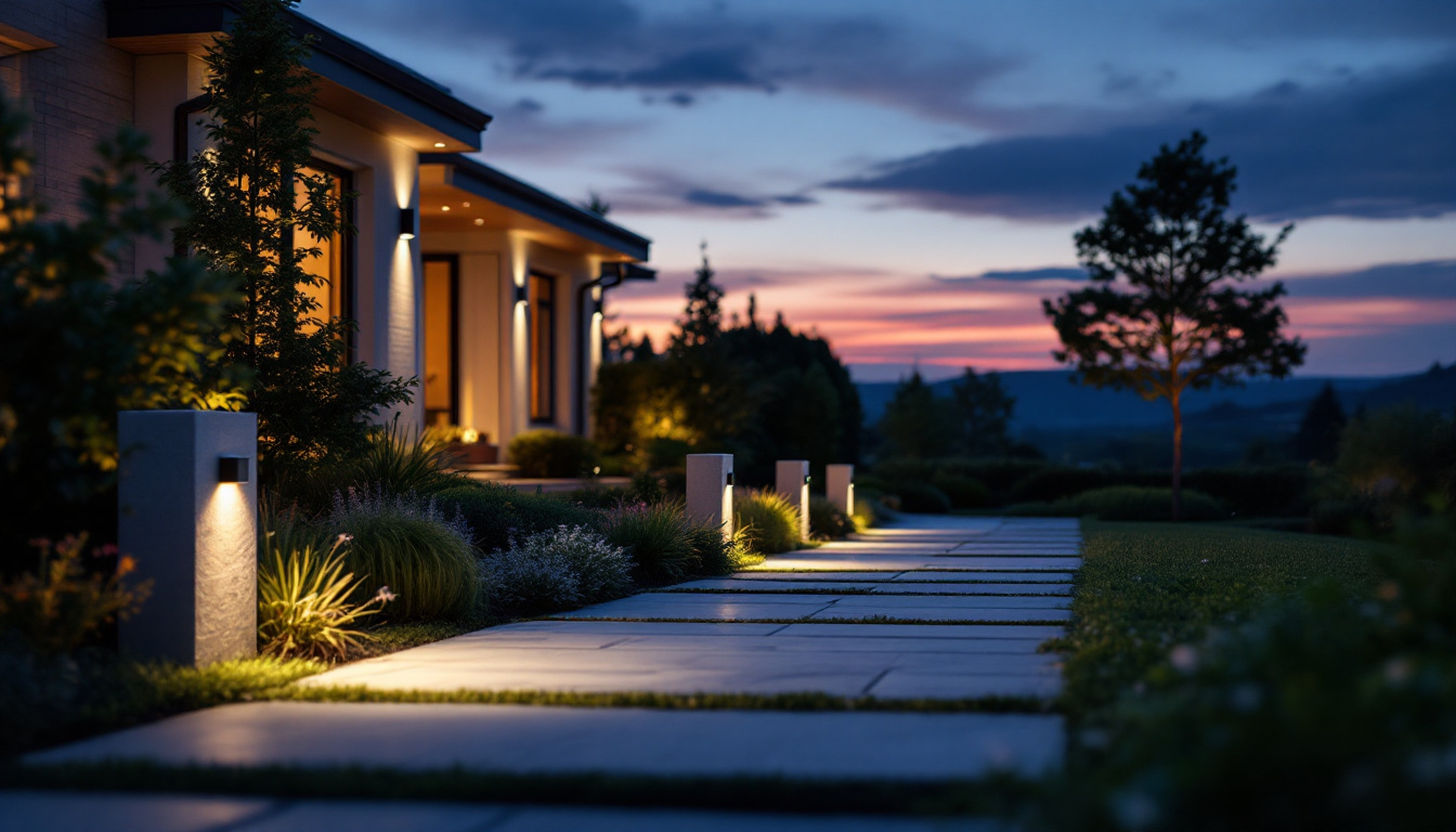 A photograph of a well-lit outdoor scene at dusk featuring motion sensor lights in action
