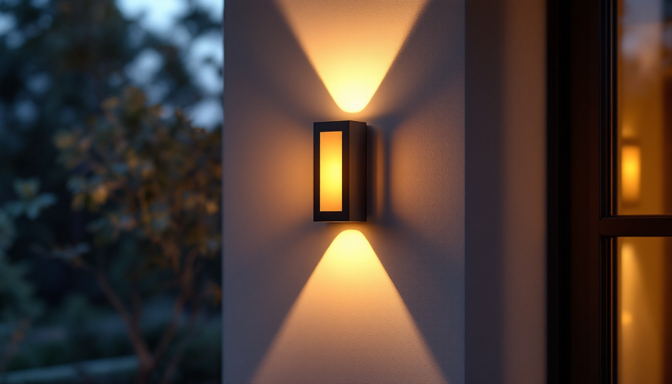 A photograph of a stylish exterior wall sconce light fixture mounted on a beautifully designed exterior wall