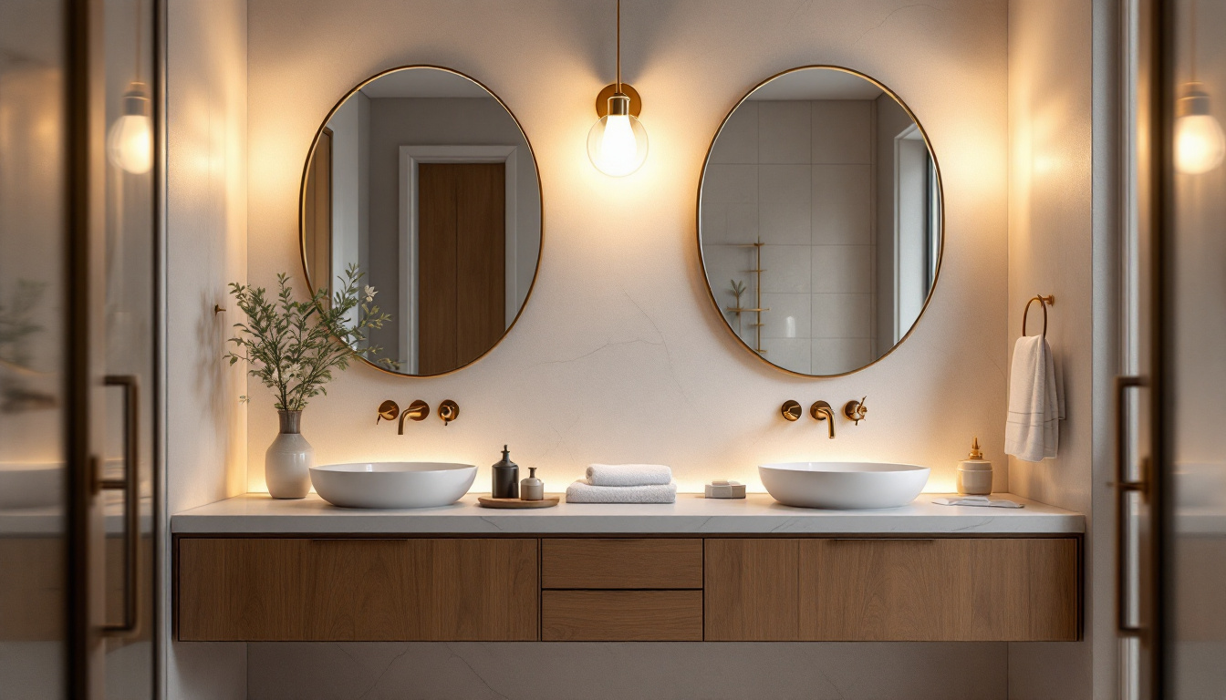 A photograph of a beautifully styled bathroom vanity featuring an elegant light fixture that enhances the overall aesthetic