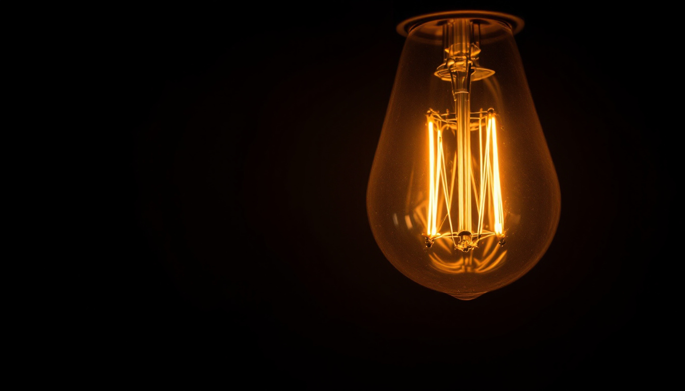 A photograph of a glowing light bulb in a dimly lit setting