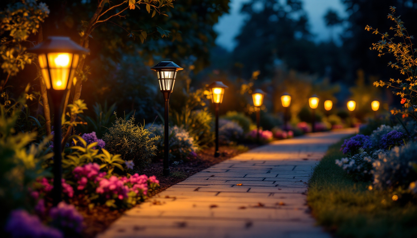 A photograph of a beautifully illuminated pathway lined with stylish outdoor solar lights at dusk