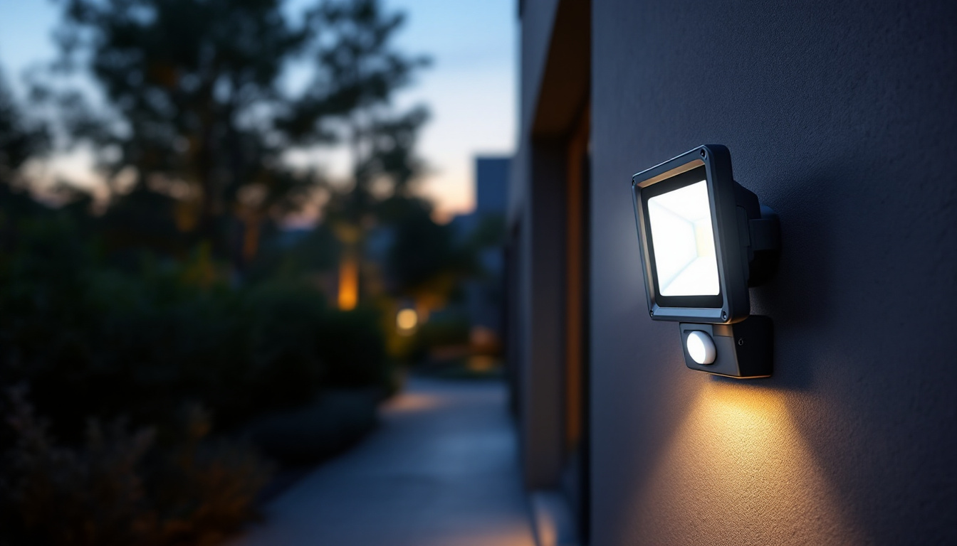 A photograph of a sleek floodlight with a motion sensor mounted on a wall