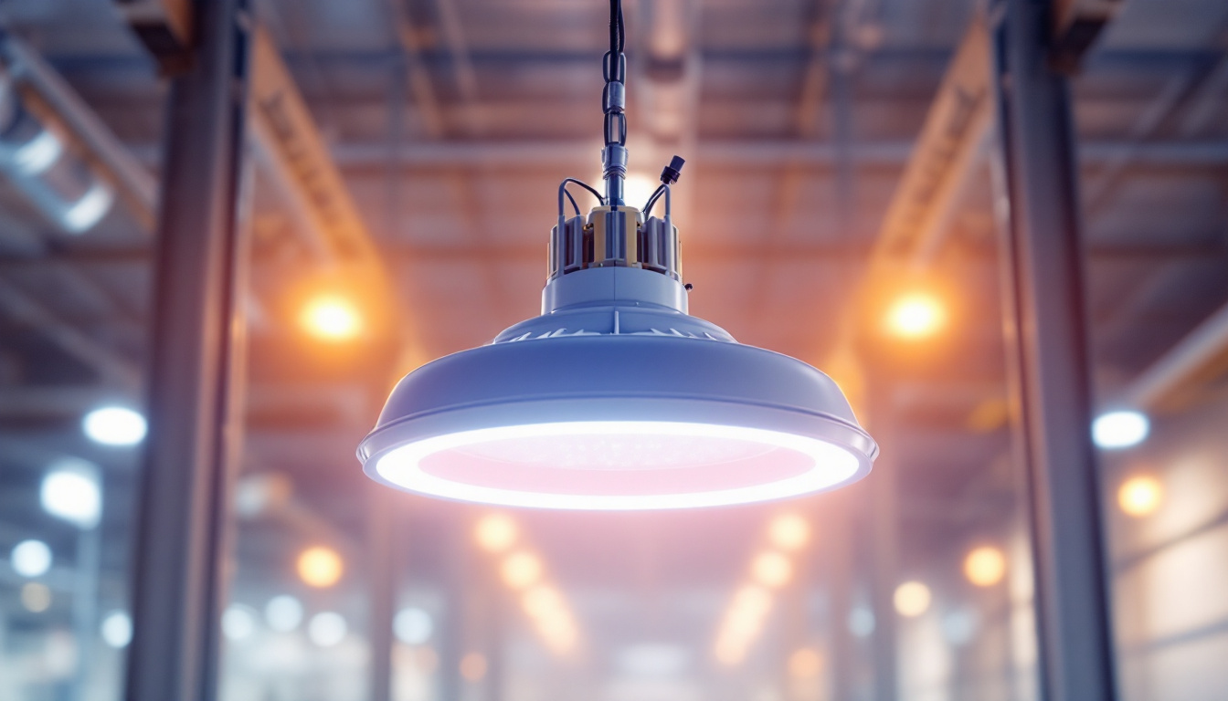 A photograph of a high bay led light fixture installed in an industrial or commercial setting