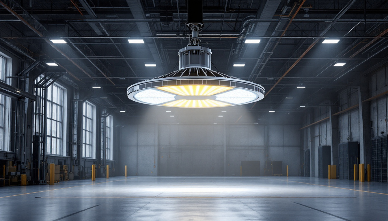A photograph of a highbay led light installed in an industrial setting