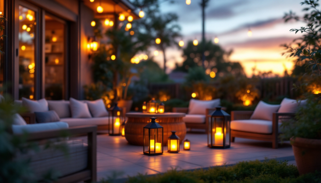 A photograph of a beautifully arranged outdoor patio scene at dusk