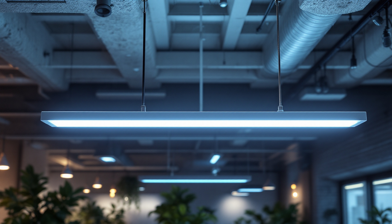 A photograph of a sleek 8 ft fluorescent light fixture installed in a modern workspace