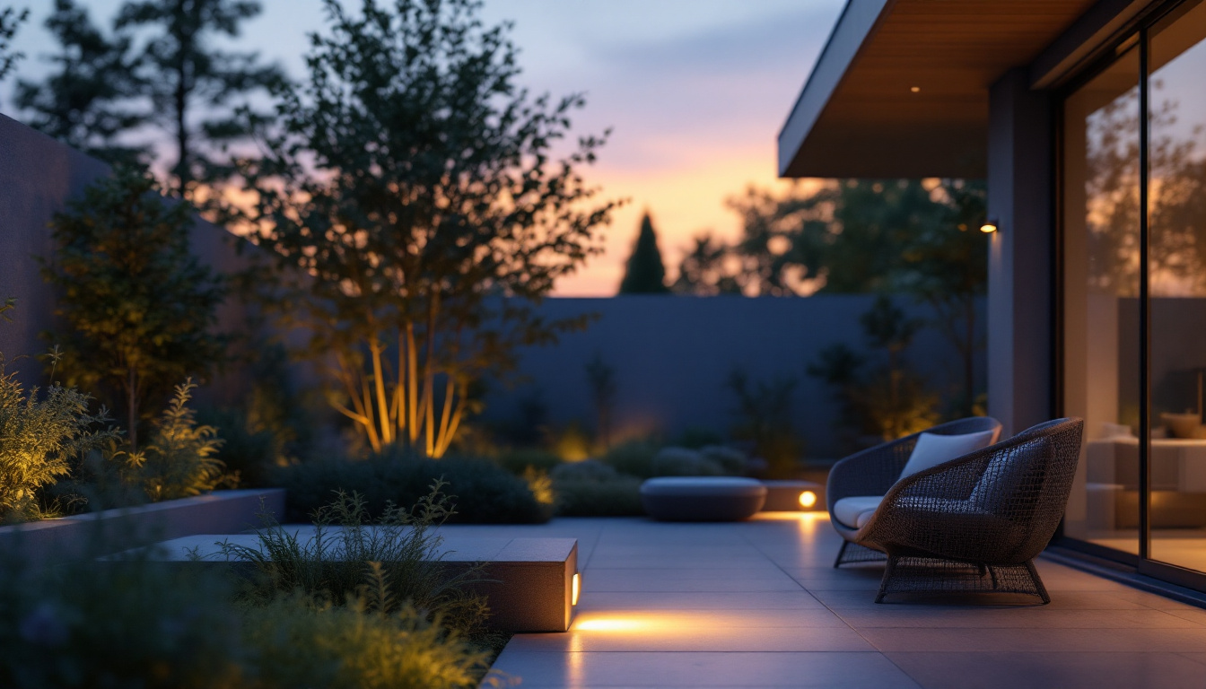 A photograph of a modern outdoor setting featuring stylish cylinder downlights illuminating a patio or garden area at dusk