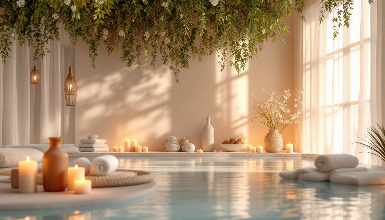 A photograph of a serene spa environment featuring soft
