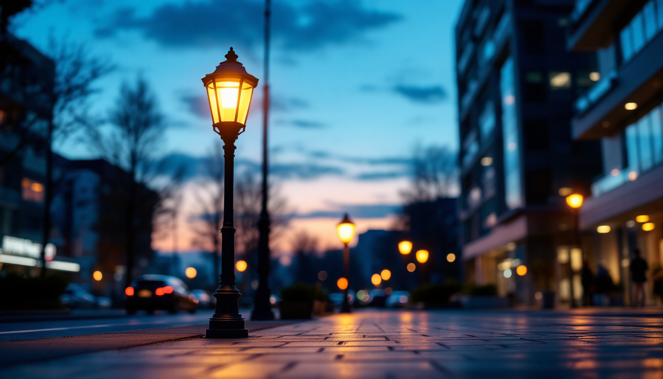 A photograph of capture a photograph of a beautifully illuminated commercial street lamp at dusk