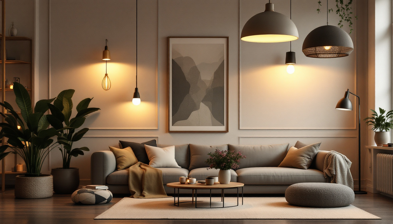 A photograph of a beautifully arranged indoor space showcasing a variety of stylish light fixtures in use