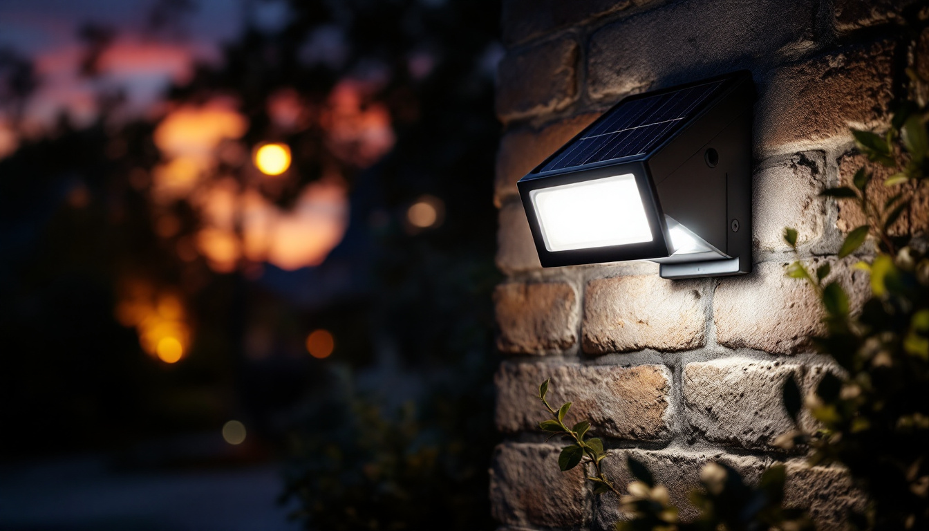 A photograph of a solar-powered motion detector flood light installed in an outdoor setting at dusk