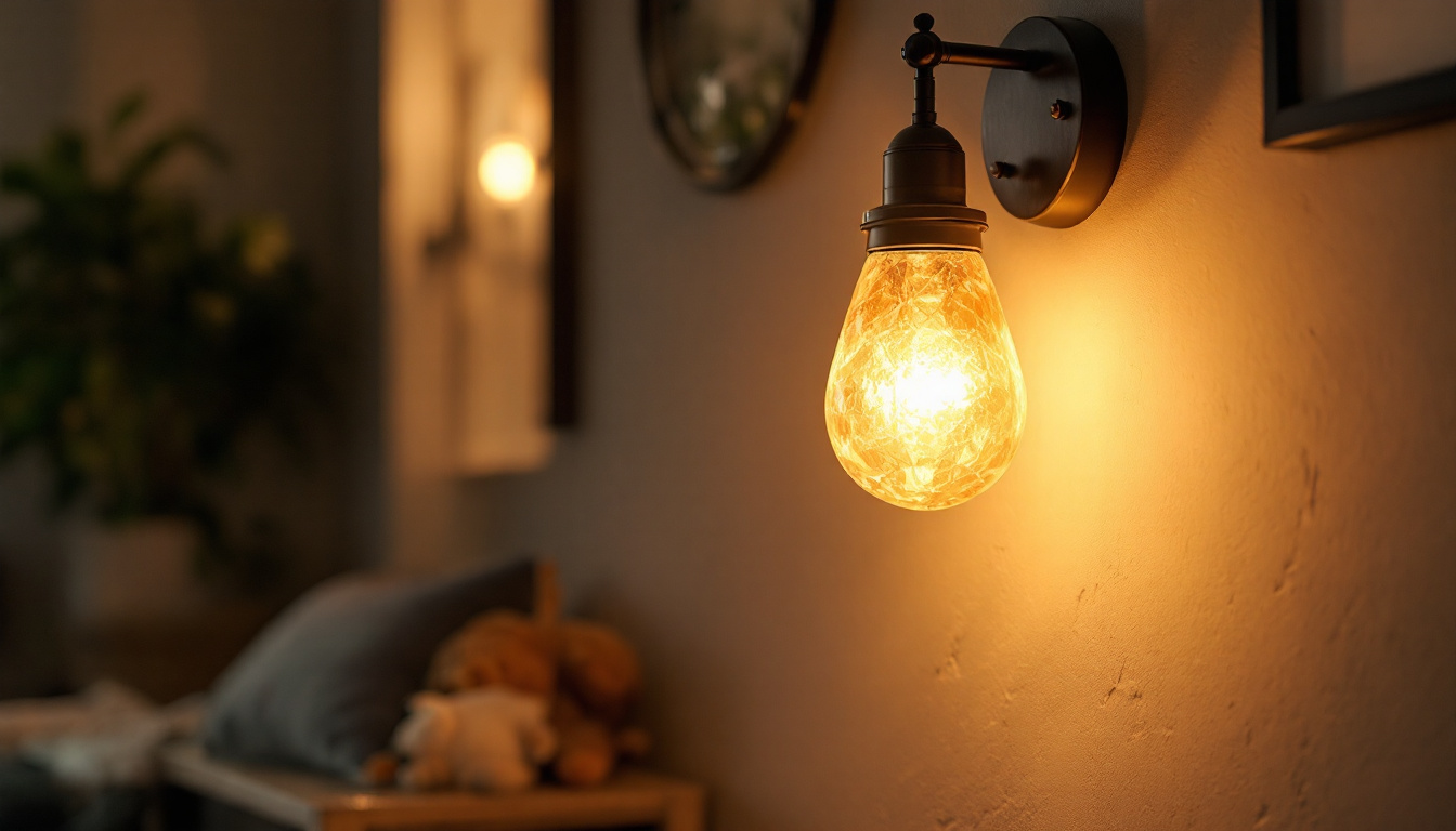 A photograph of a stylish lighting sconce illuminated in a cozy interior setting