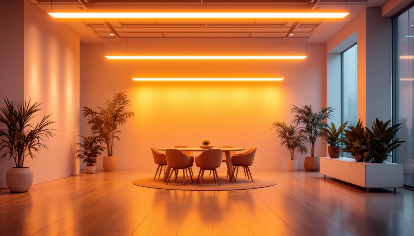 A photograph of a well-lit indoor space featuring eight-foot led lights illuminating the area