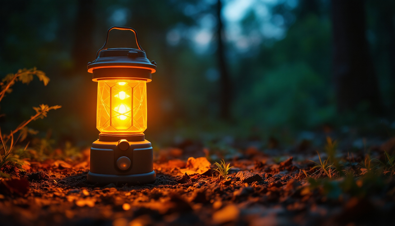 A photograph of a solar-powered camping lamp illuminated in a serene outdoor setting