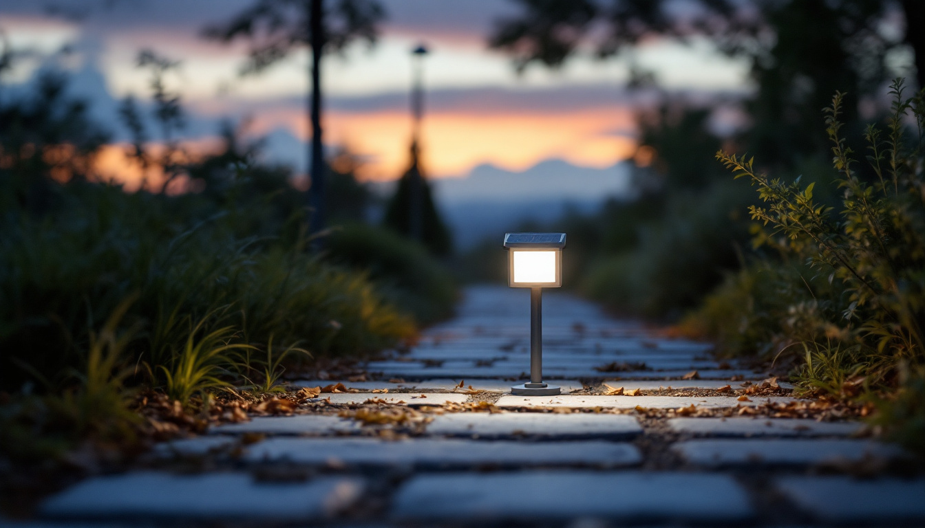 A photograph of a high-lumen solar light illuminating a pathway or outdoor space at dusk