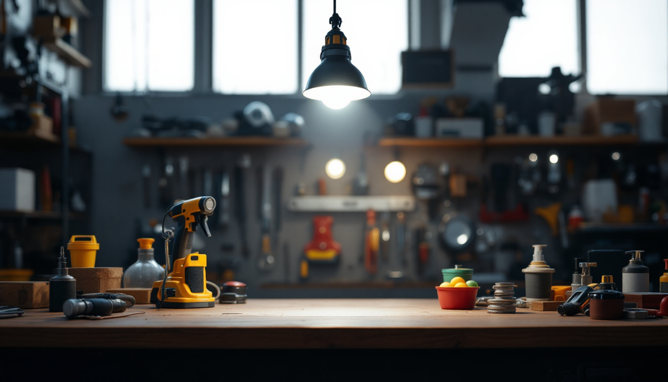A photograph of a well-lit motion sensor shop light in action within a workshop setting