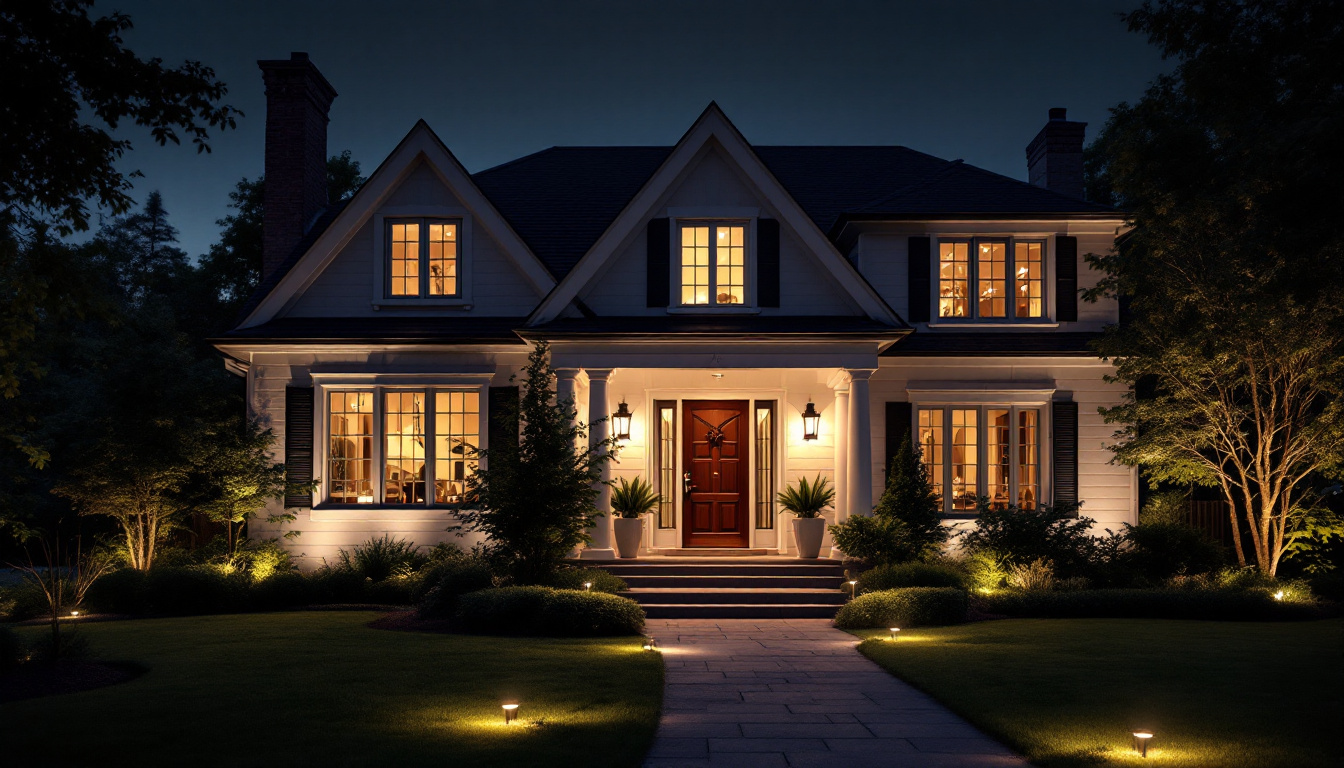 A photograph of a beautifully illuminated exterior of a house at dusk